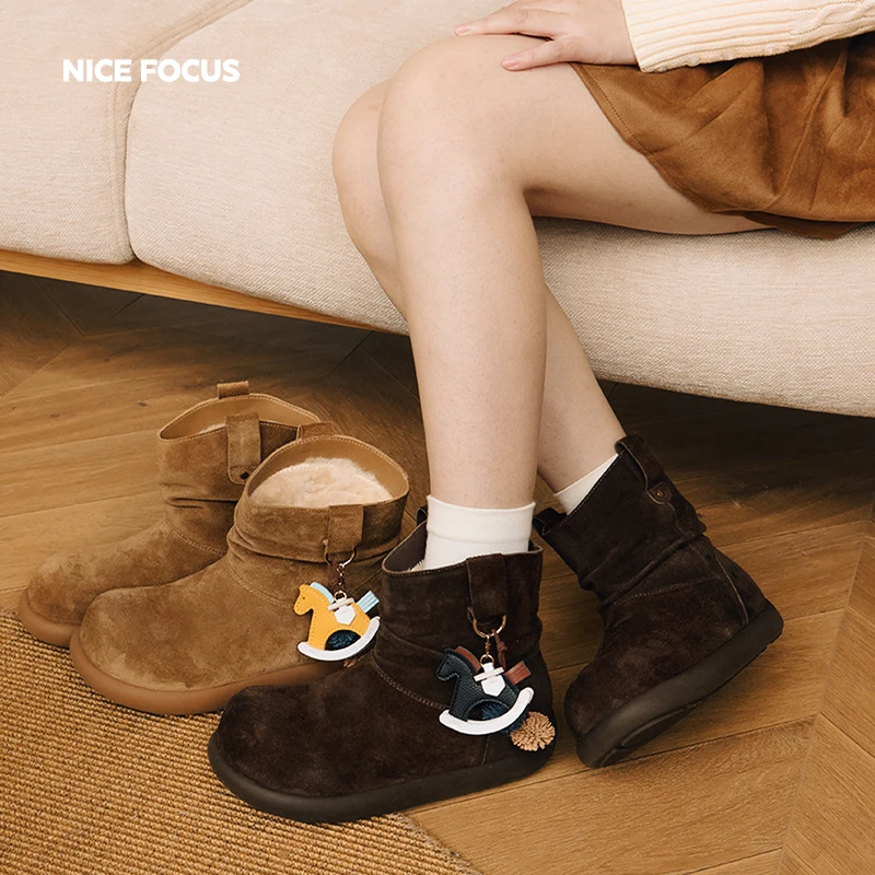 【35码7天预售】NICE FOCUS 冬季4.5厘米增高牛皮保暖高帮堆堆靴