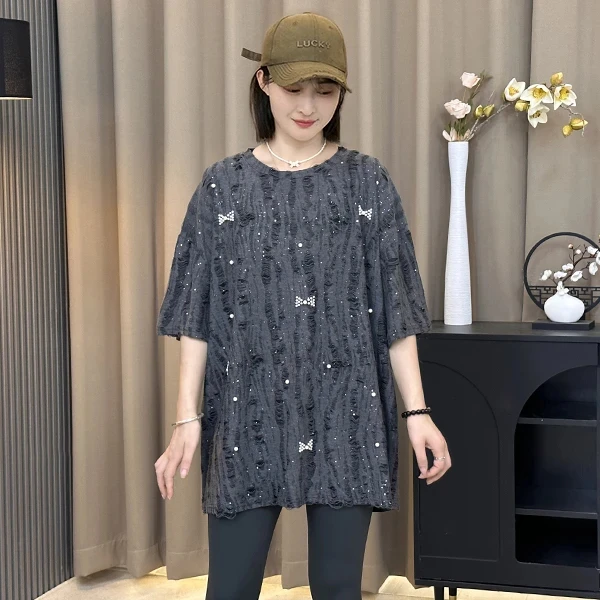 【现货送运费险】设计感破洞钉珠蝴蝶结短袖女夏新款宽松大版T恤