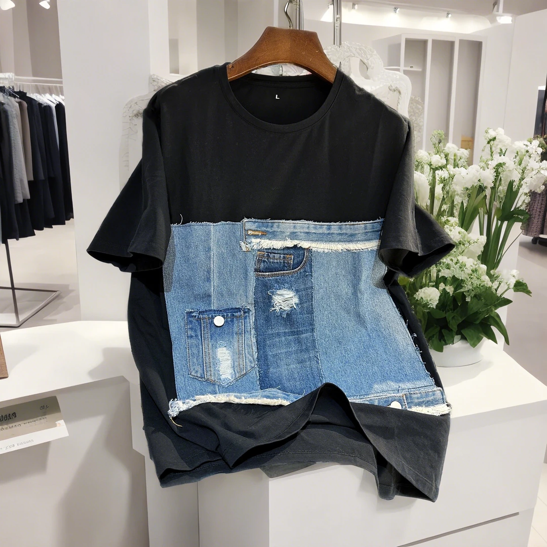 357前卫解构主义 93棉7氨纶舒适透气有弹力 不对称牛仔拼接短袖T