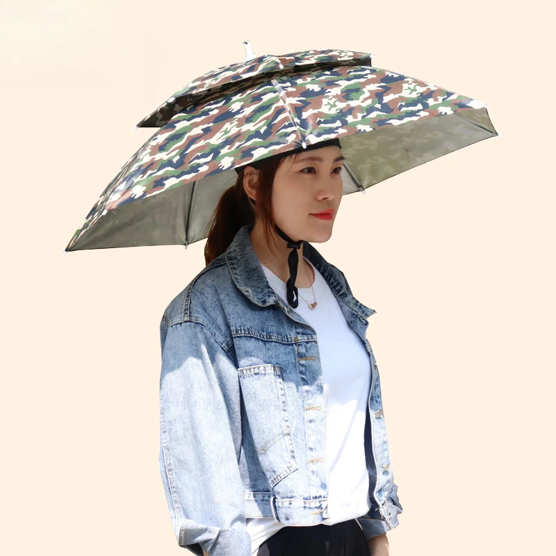 橡胶双层伞帽钓鱼伞头戴伞头顶雨伞折叠户外垂钓帽伞斗笠伞