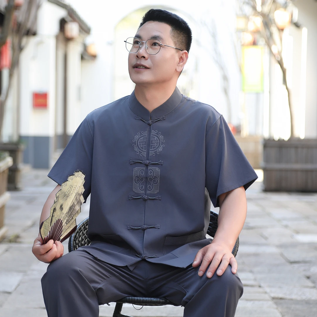唐装男中老年人中国风夏季冰丝爸爸夏装套装短袖爷爷衣服2025新款
