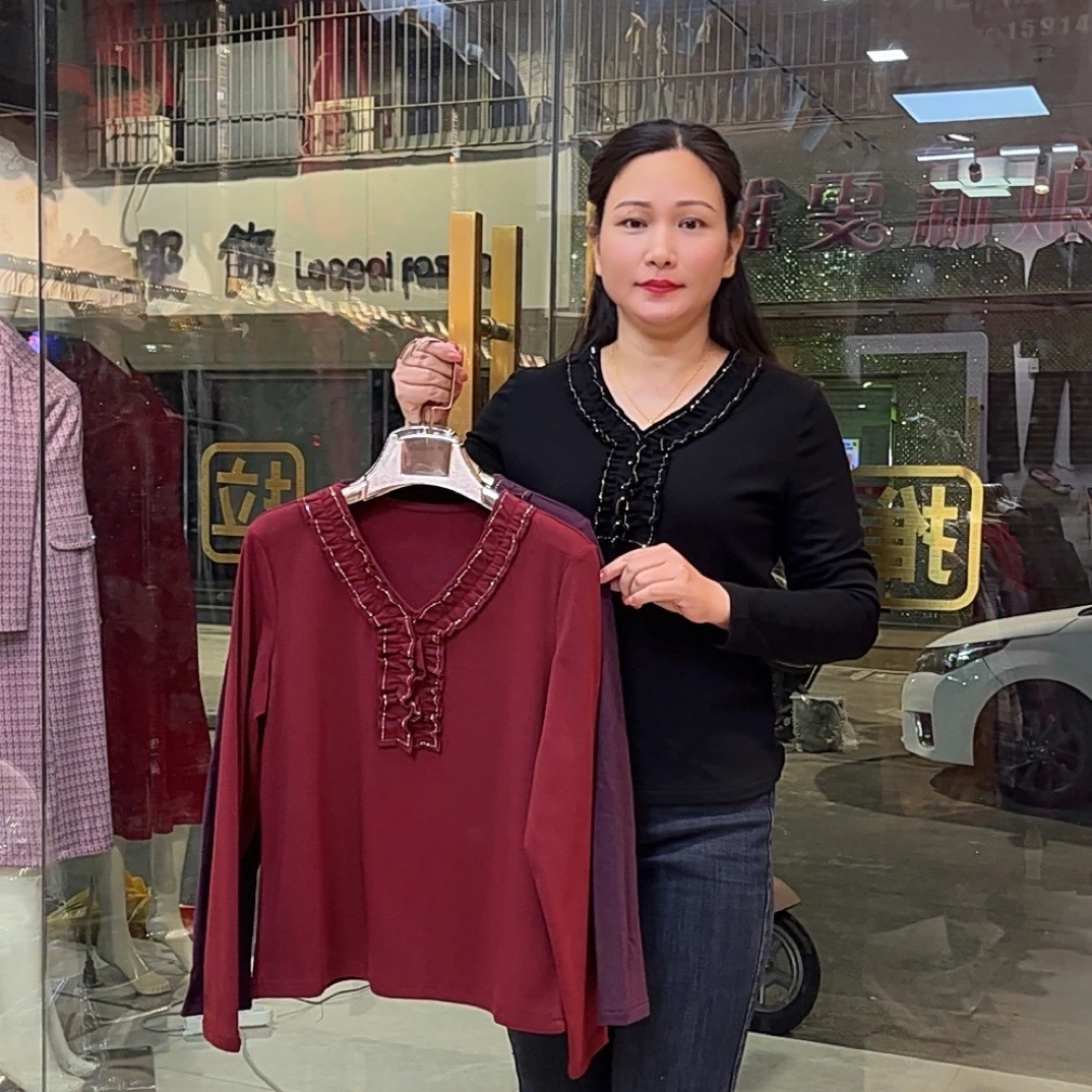 V领木耳边冬季加绒加厚长袖T恤修身显瘦气质内搭常规款