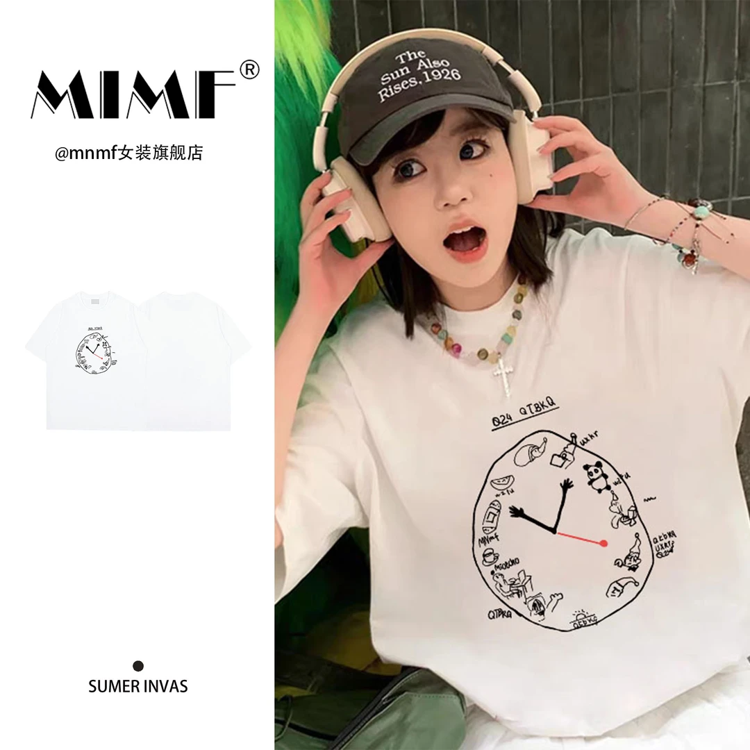 mnmf重磅纯棉白色休闲装时钟印花短袖T恤女夏季新款oversize上衣