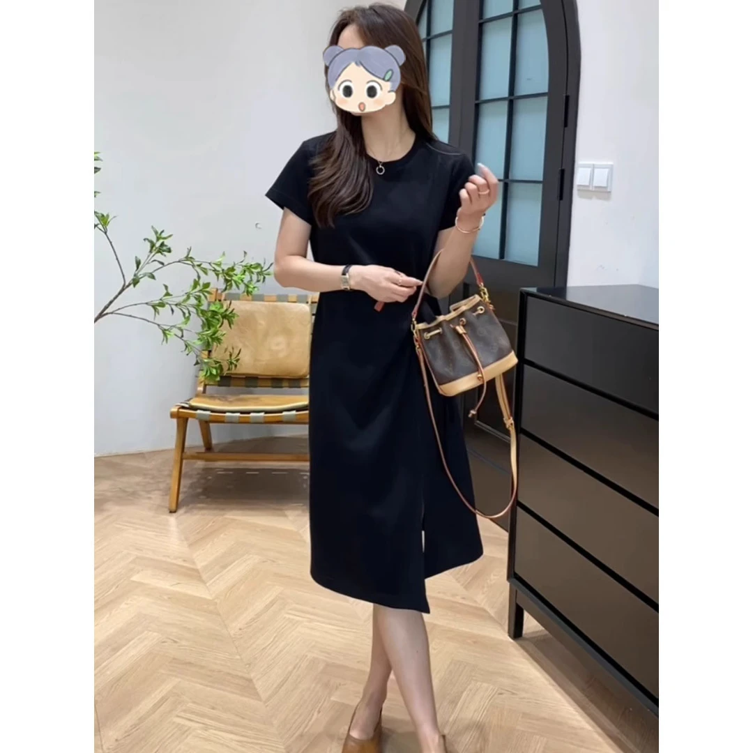 时尚收腰小个子短袖连衣裙女2025新款夏季慵懒风宽松显瘦开叉裙子