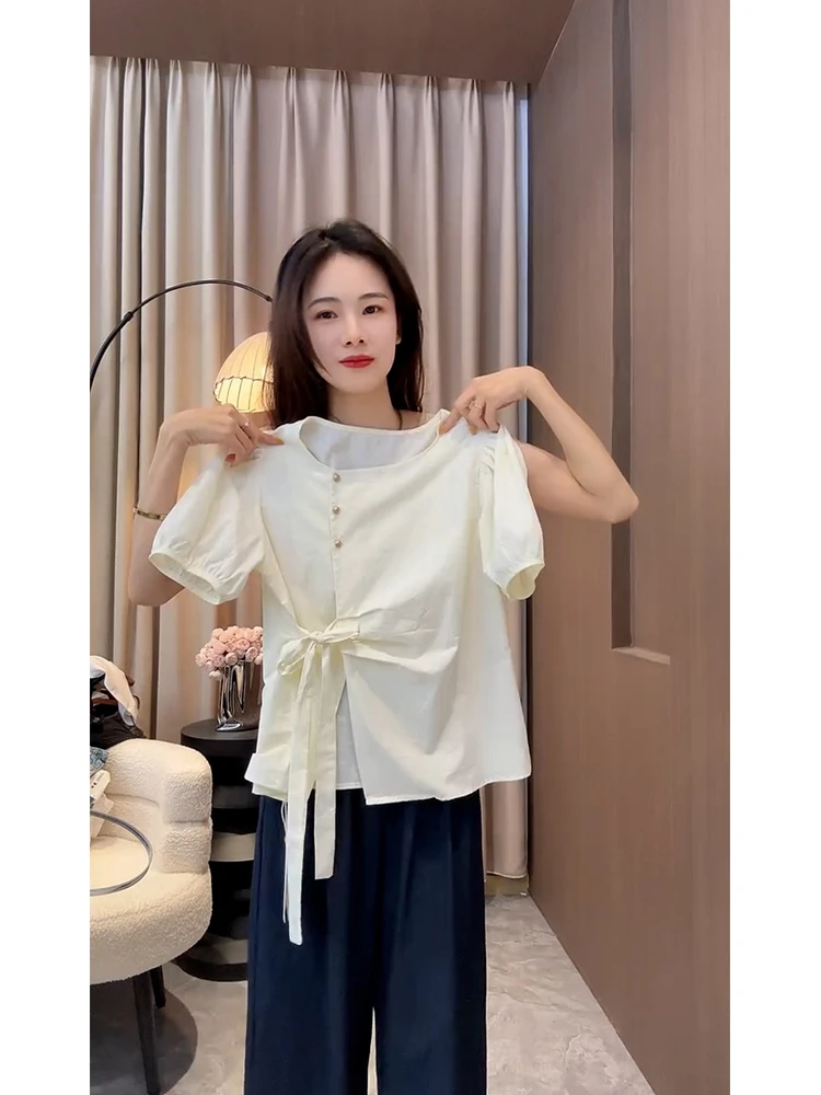 2025超火小个子独特漂亮上衣时尚洋气减龄白色系带短袖衬衫女夏季