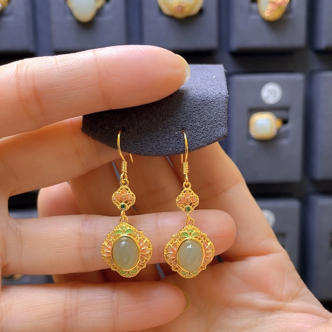 和田玉银S925镀金镶嵌耳饰