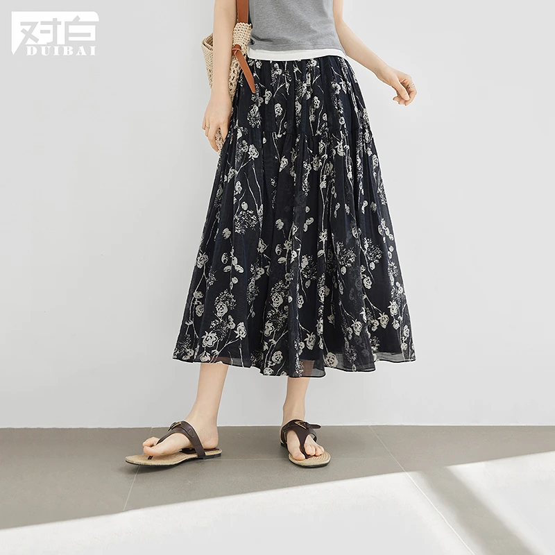 对白莱赛尔轻薄藤蔓印花网纱半身裙女2025夏季新款蓬蓬a字碎花裙