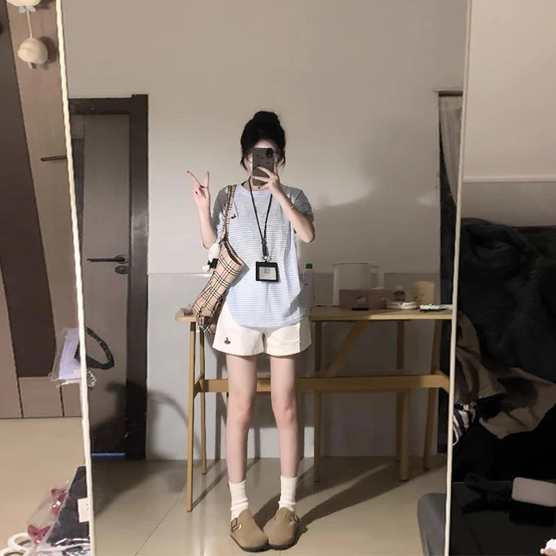 甜美小清新蓝白撞色条纹长袖T恤女夏季宽松休闲薄款防晒罩衫上衣