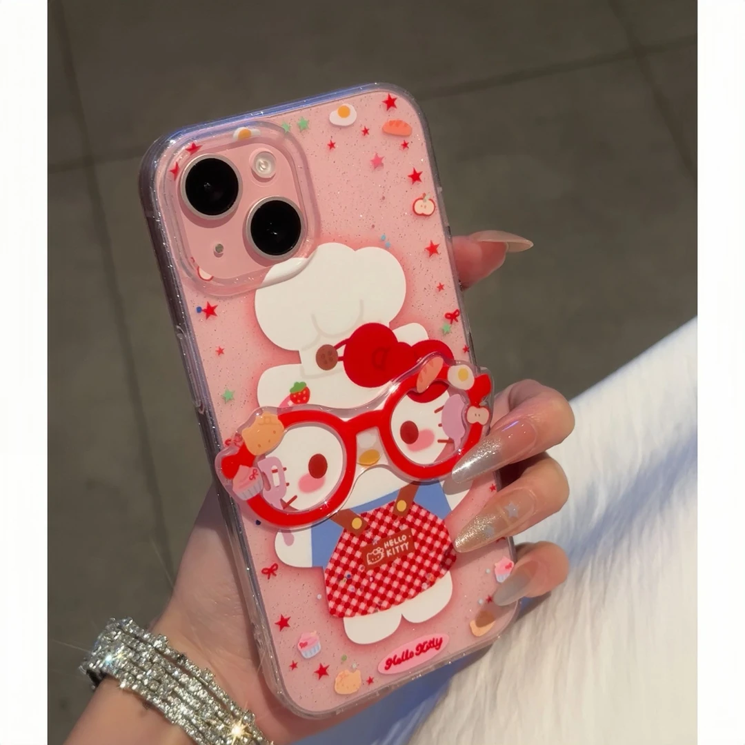 BANCA厨师Kitty立体眼镜适用iPhone16/15闪粉13/14手机壳12/11