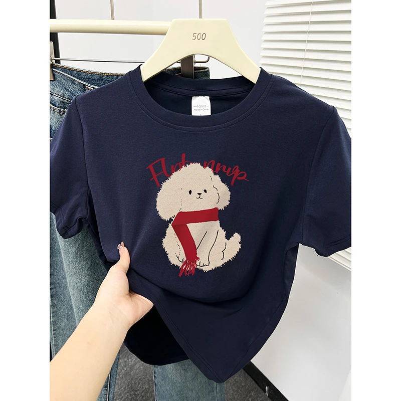 洋气小狗印花短袖正肩圆领t恤女夏季韩版小个子通勤百搭显瘦上衣