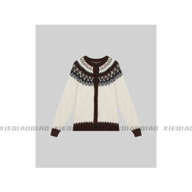 谢荞荞「挪威秘境」羊毛秋冬季款费尔岛撞色系圆领长袖针织开衫上衣