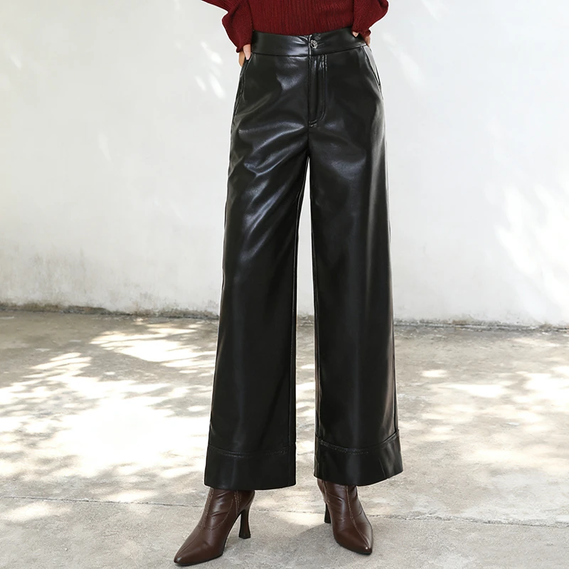 女士皮裤阔腿裤秋季2025新款高腰宽松小个子直筒裤垂感休闲九分裤