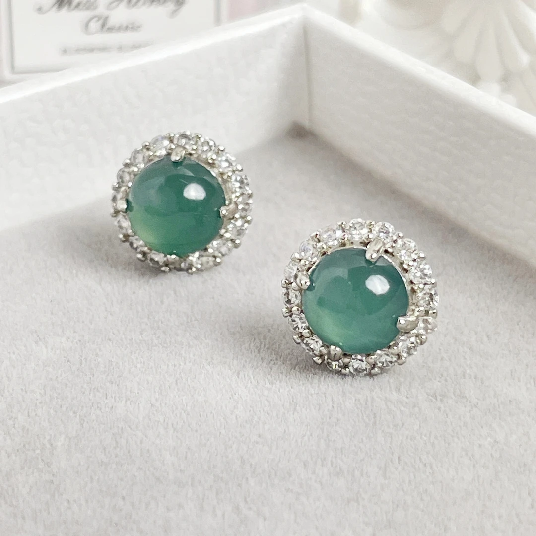 A货高冰蓝水蛋面翡翠耳钉高级感玉石百搭女款气质耳饰 多样性发货