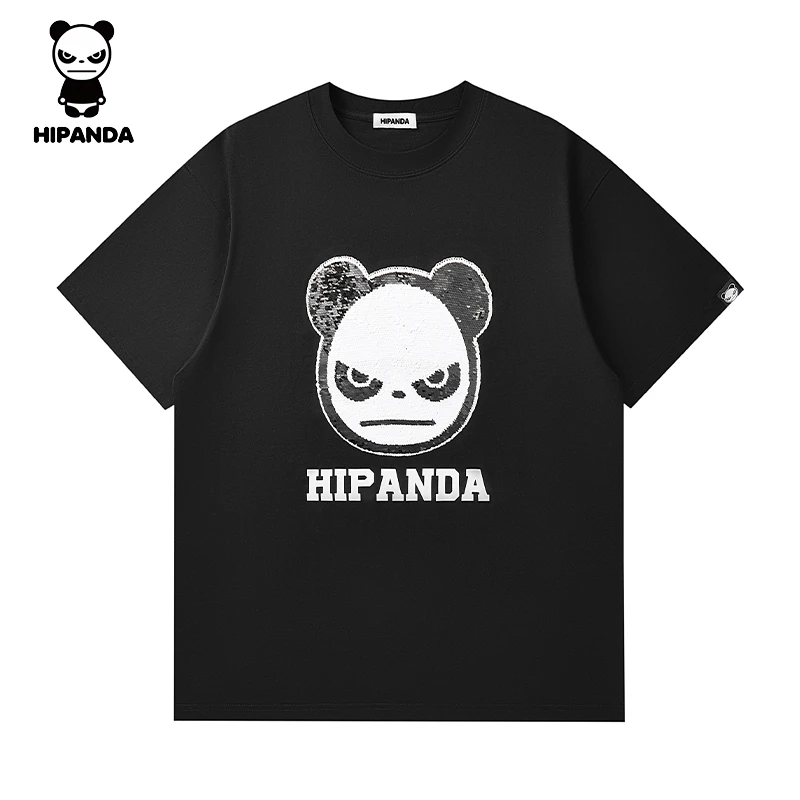 HiPanda男女同款半袖情侣国潮珠片绣休闲潮流T恤上衣24SSM095/1