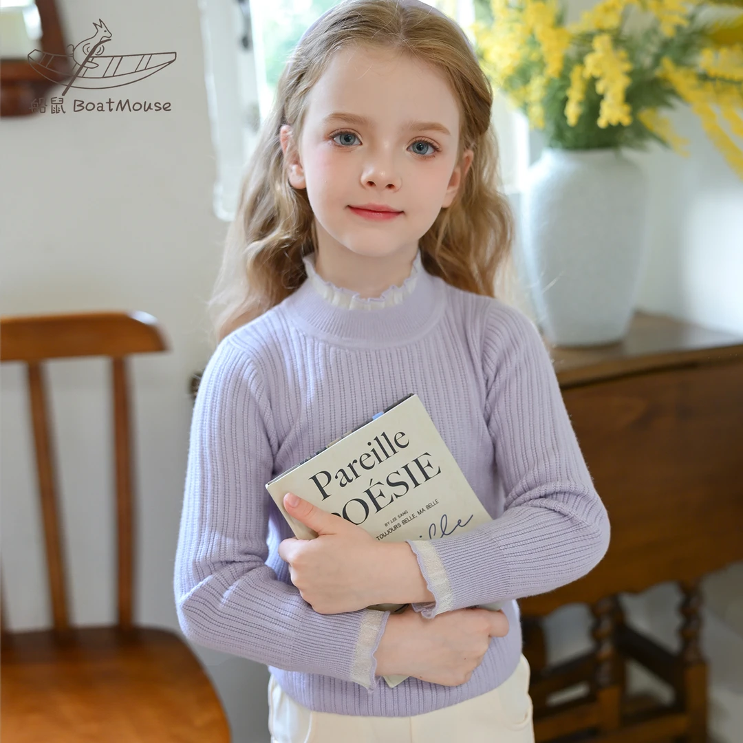 船鼠儿童毛衣女童半高领木耳边香芋紫小女孩套头针织衫上衣春秋冬