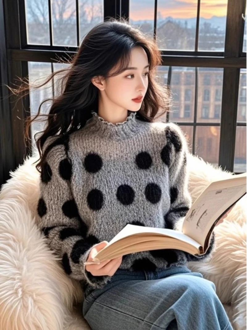 慵懒风灰色波点针织衫女秋冬高级感温柔软糯毛衣内搭春打底衫上衣