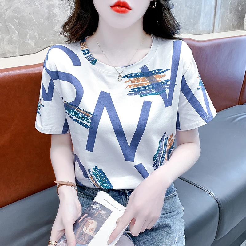 白色字母印花短袖t恤女夏季2025年新款爆款半袖体恤宽松显瘦上衣
