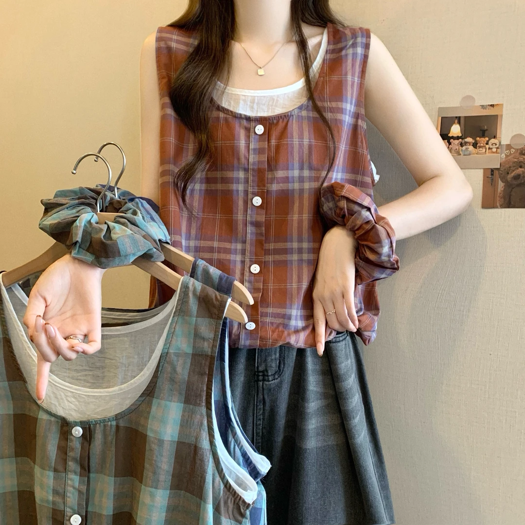 洋气衣服女洋气衣服女 新版韩风设计感假两件无袖格子衬衫