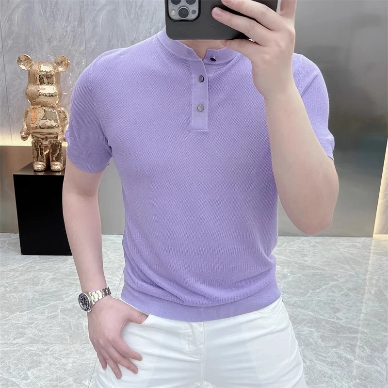 欧货轻奢短袖POLO男士针织冰丝半袖百搭夏季潮流修身纯色翻领上衣