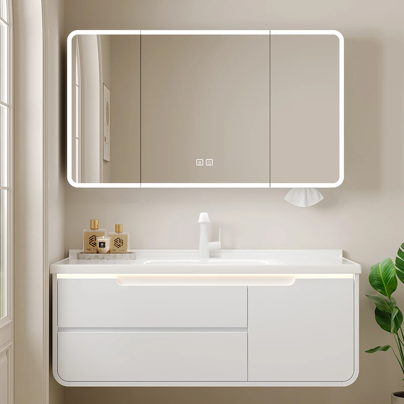 【工厂直销】奶白圆角浴室柜组合陶瓷一体盆智能洗手盆奶洗漱台柜