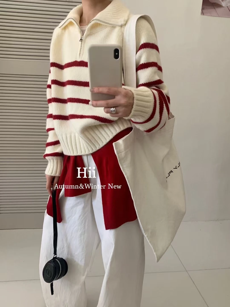 清仓 加厚翻领条纹套头针织衫