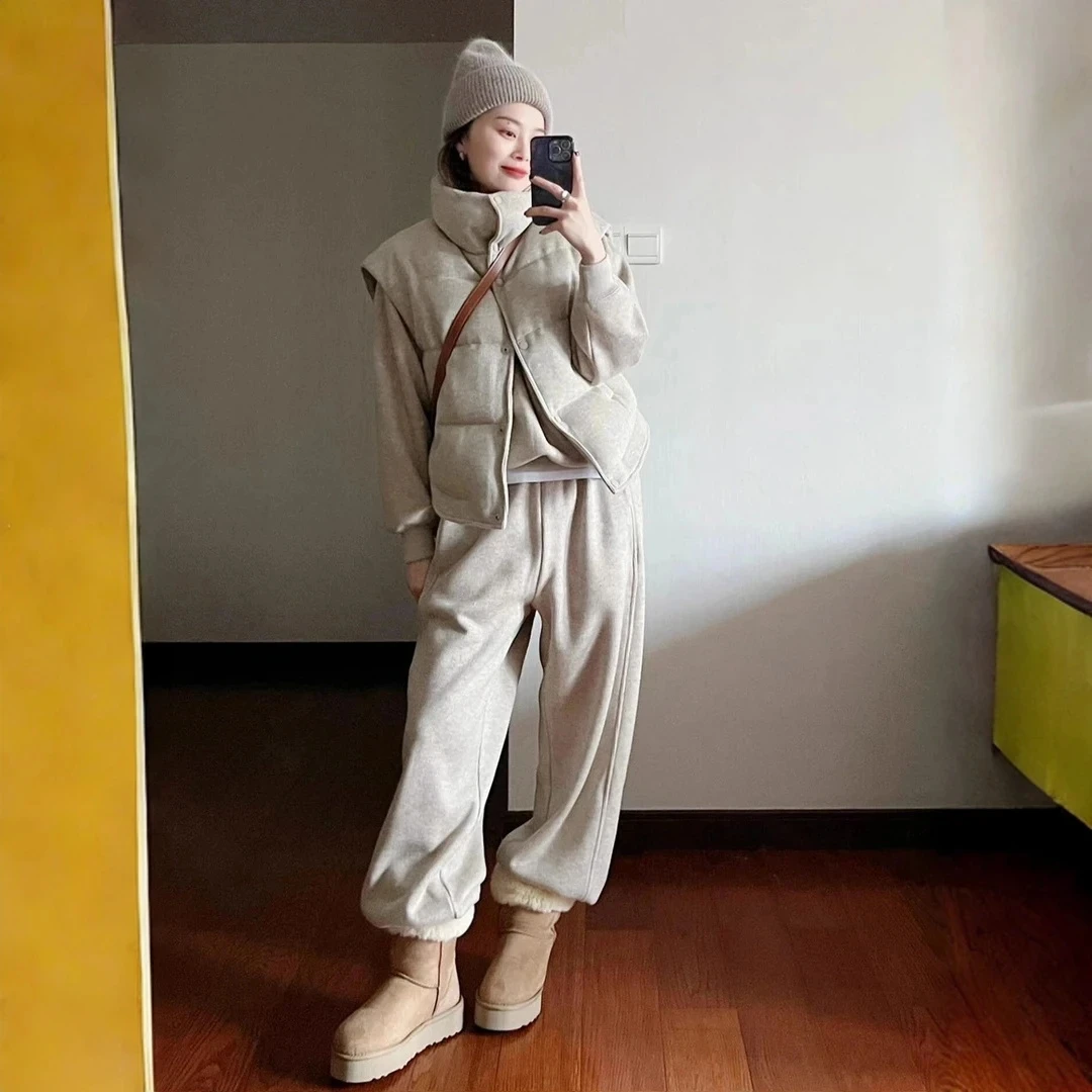 韩版秋冬装运动加绒套装女休闲灰色复古加厚马甲卫衣束脚裤三件套