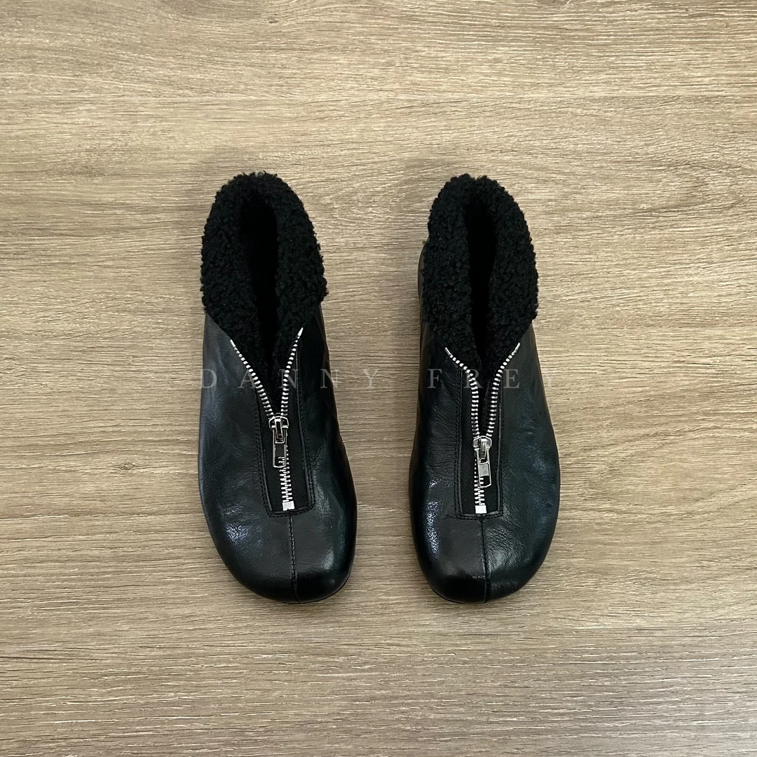 Dannyfrey秋冬韩版手工复古做旧感前拉链水洗羊皮女加绒短靴2.5CM