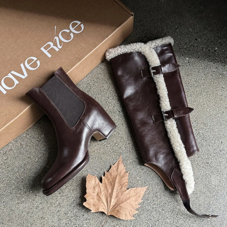 真皮棕色绒里大码长筒短靴粗跟长靴骑士靴冬季加绒时尚女靴两穿
