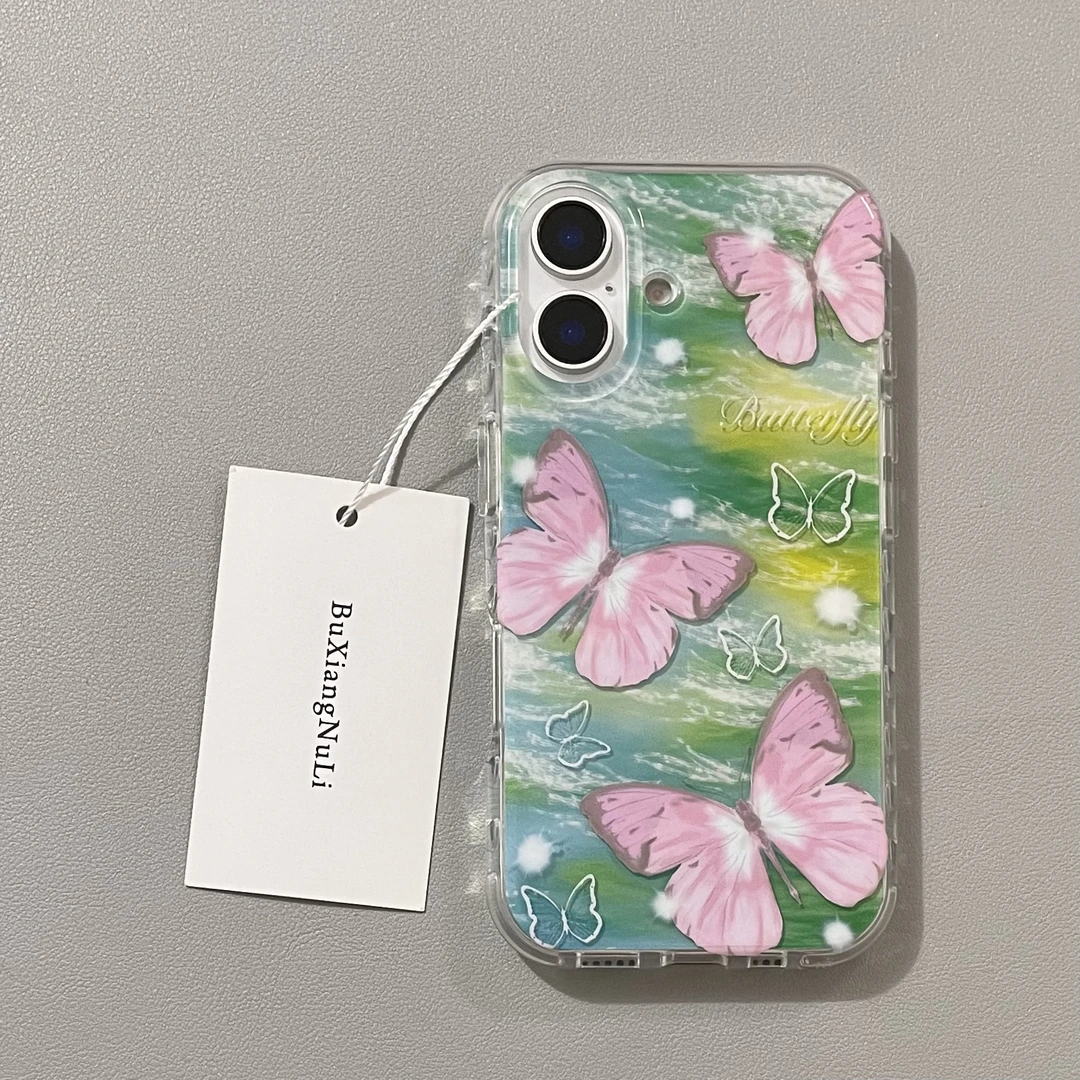 ins复古水彩英文粉色蝴蝶适用苹果16pro手机壳iPhone15全包14/13
