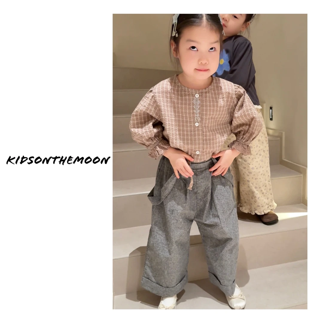 KidsOnTheMoon 背带裤 磨毛九分阔腿裤格子衬衫套装