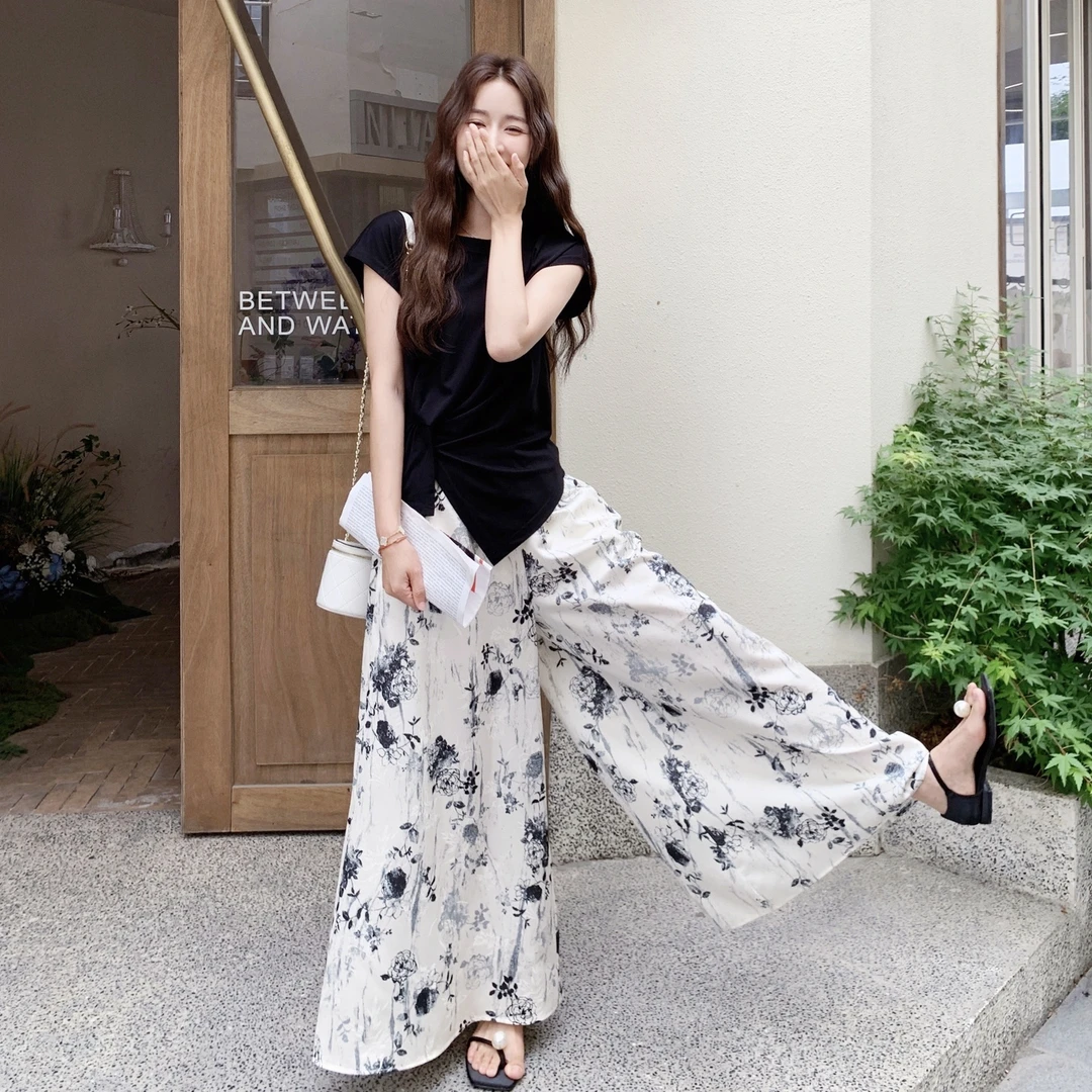 新中式国风水墨画套装裤女2025年夏季新款不规则黑T阔腿裤两件套