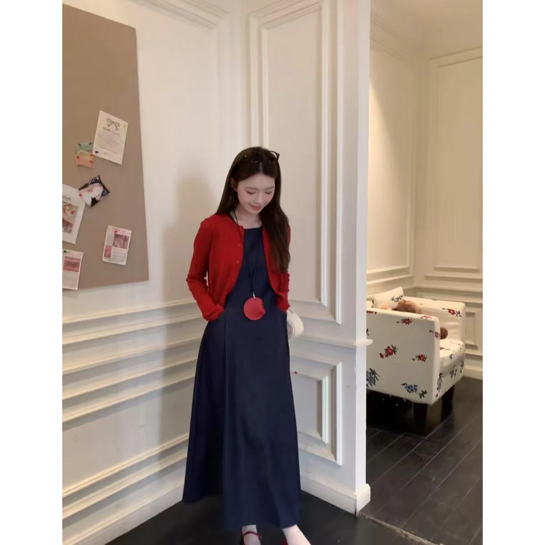 少女复古文艺圆领收腰长款无袖绑带显瘦牛仔背心裙+针织开衫套装