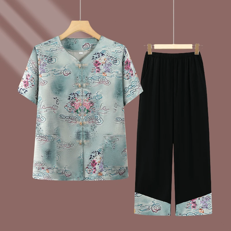 2025新款中老年奶奶装夏季国风套装印花短袖衬衫妈妈装洋气女套装