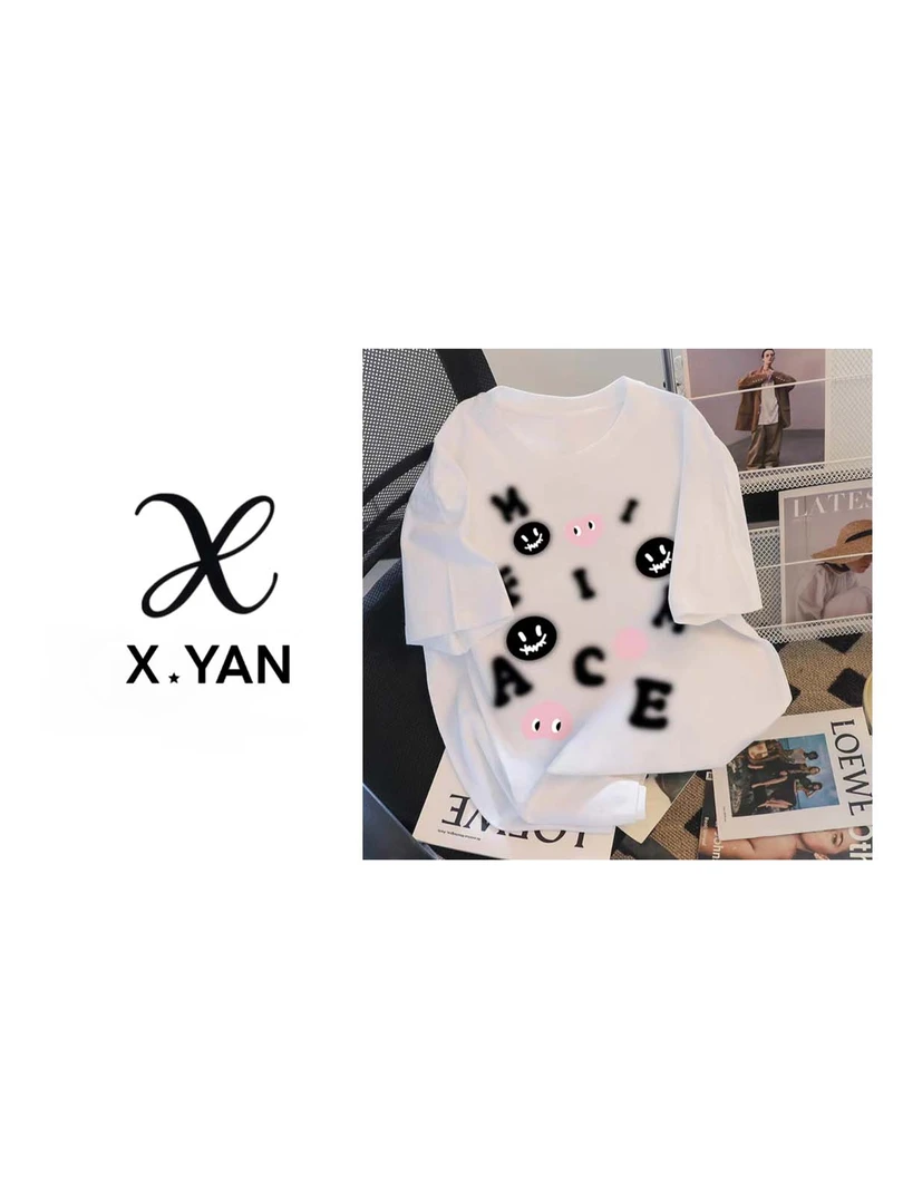 821新款法式百搭笑脸小众T恤女中长款宽松显瘦情侣上衣9355