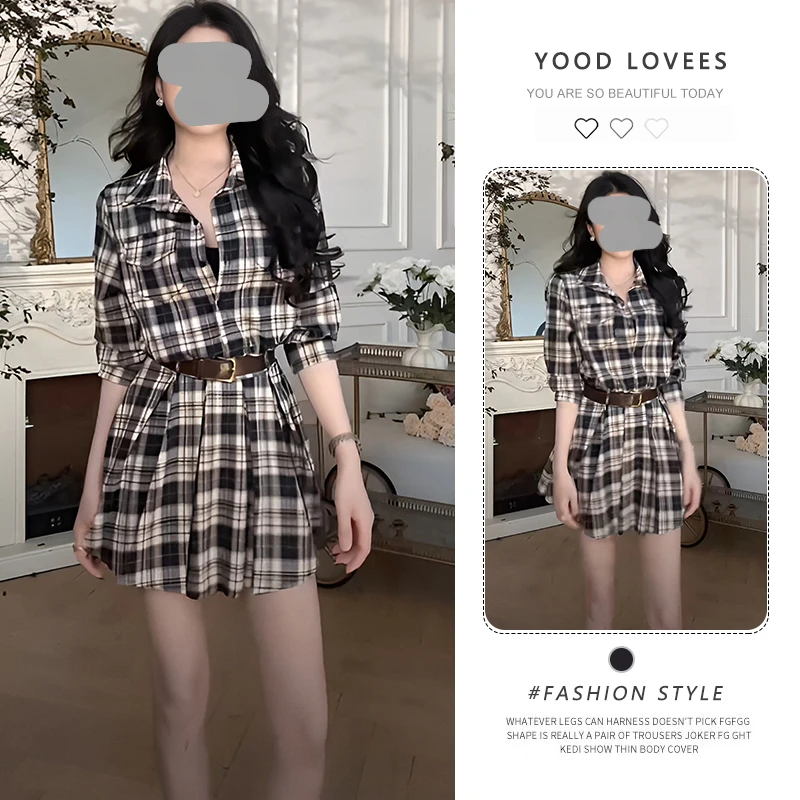 港风复古收腰格纹长袖衬衫连衣裙女2025春秋新款超好看百搭a字裙