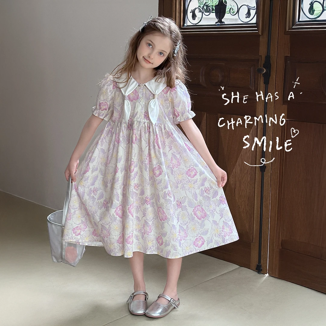 【紫罗兰】蓝小爸童装女童碎花连衣裙夏季法式可爱宝宝长裙