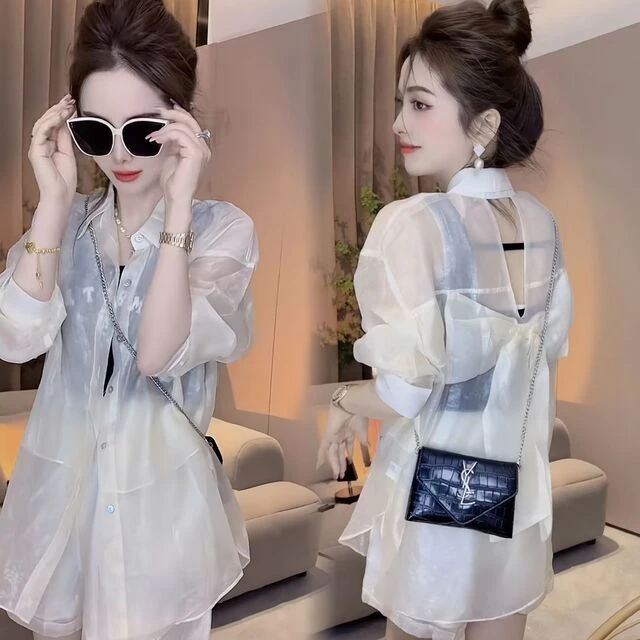 夏装穿搭一整套女后背蝴蝶结镂空衬衫阔腿短裤两件套时尚防晒套装