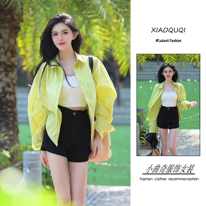 夏日流行穿搭一整套洋气衣服女新款2025年韩版衬衫吊带短裤三件套