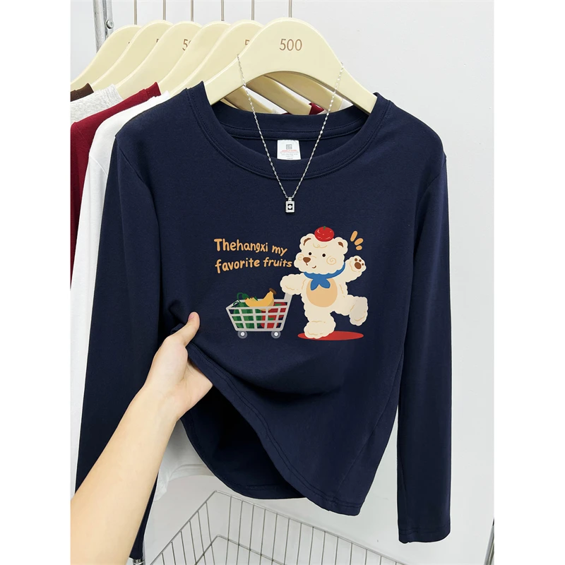 洋气圆领印花正肩长袖t恤女装大码早秋季新款韩版休闲打底衫上衣