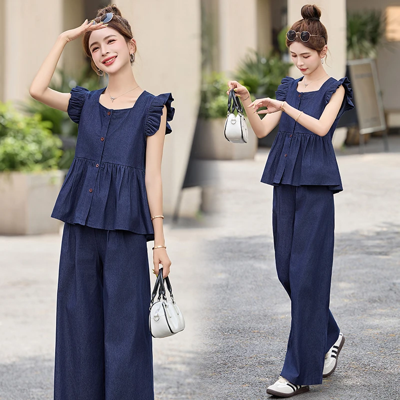 设计感飞飞袖牛仔套装女2025年夏季新款今年流行显瘦阔腿裤两件套