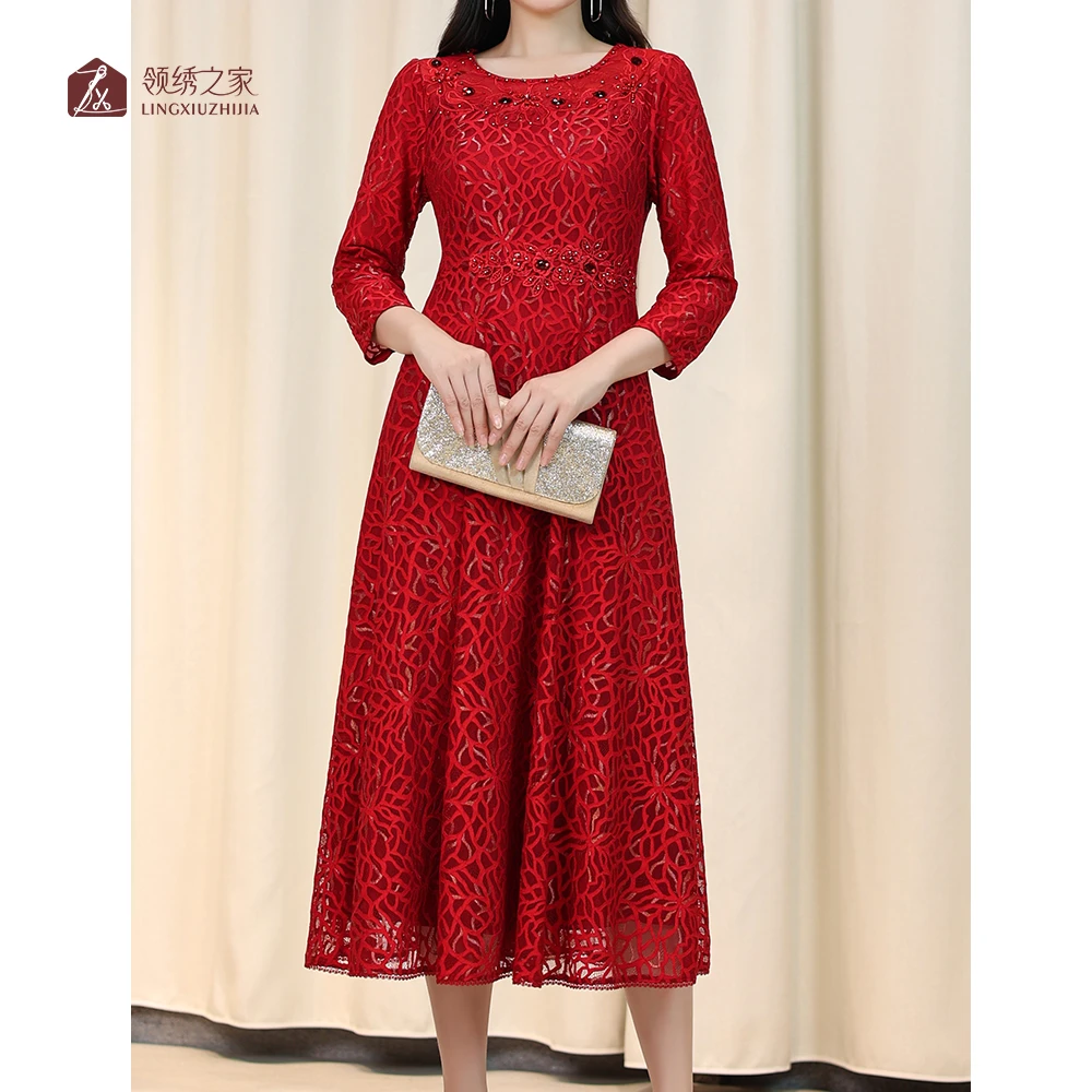 蕾丝绣花婚宴长款宴会#YA52779H-10气质显瘦连衣裙碎花妈妈装