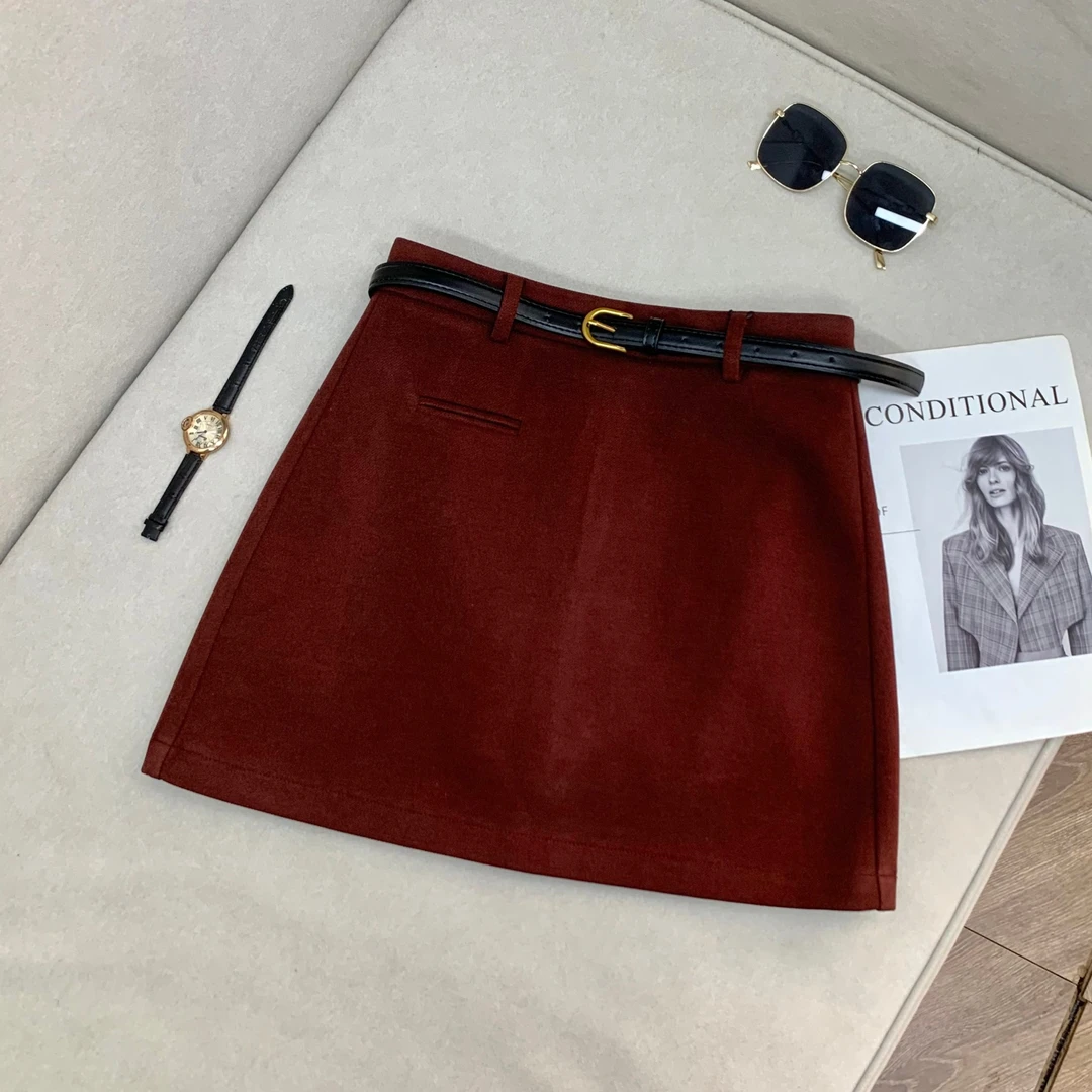 【南油溪溪】冬季纯色毛呢短裙‘’小口袋A字高腰显瘦半身裙 800220