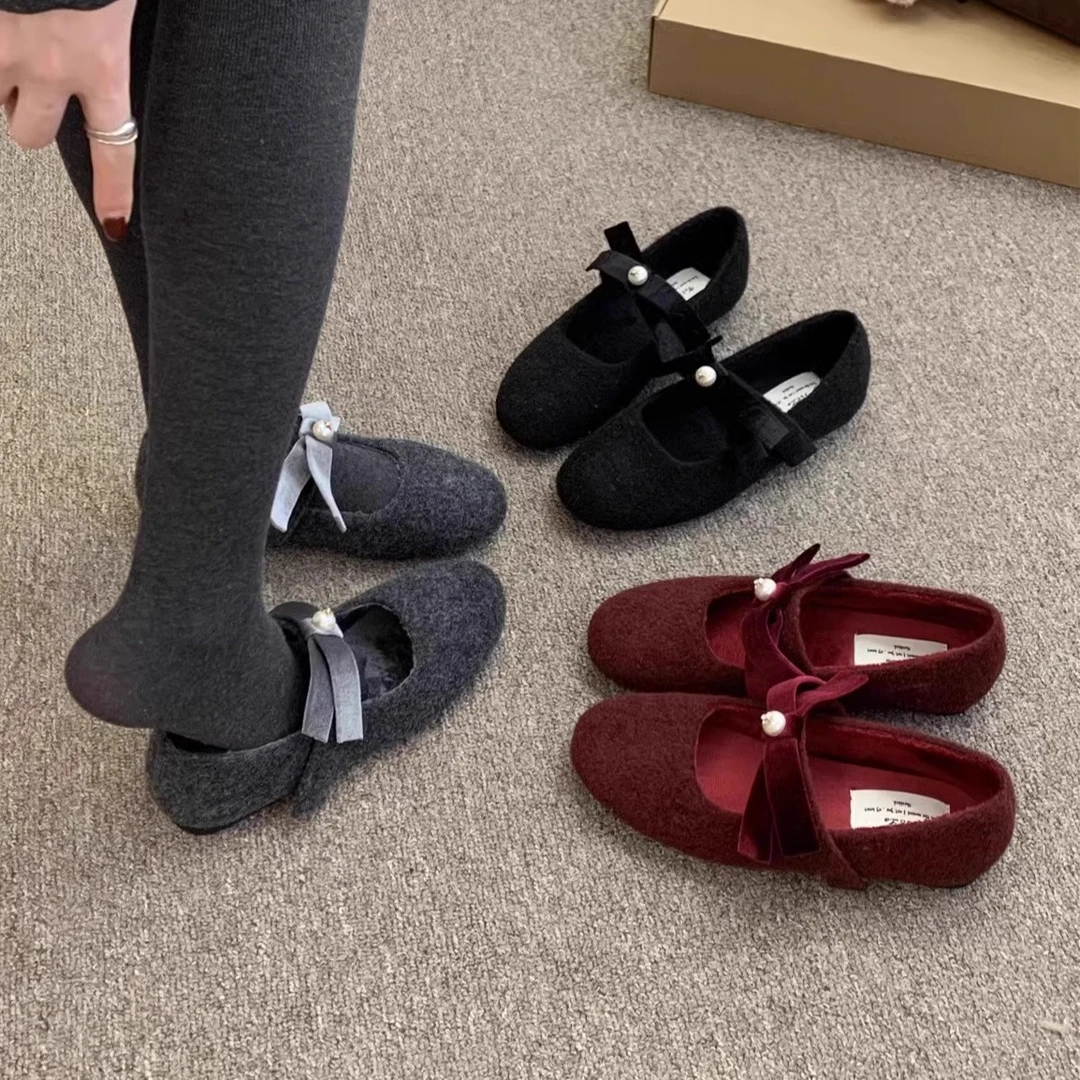 韩系灰色玛丽珍毛毛鞋女冬外穿棉鞋新款法式仙女平底加绒呢子单鞋