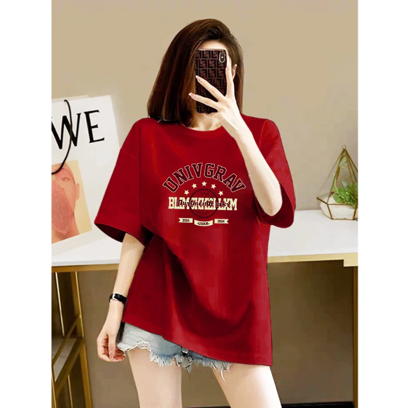 中长款纯棉韩版大红色短袖T恤女2025夏新款宽松大码半袖上衣ins潮