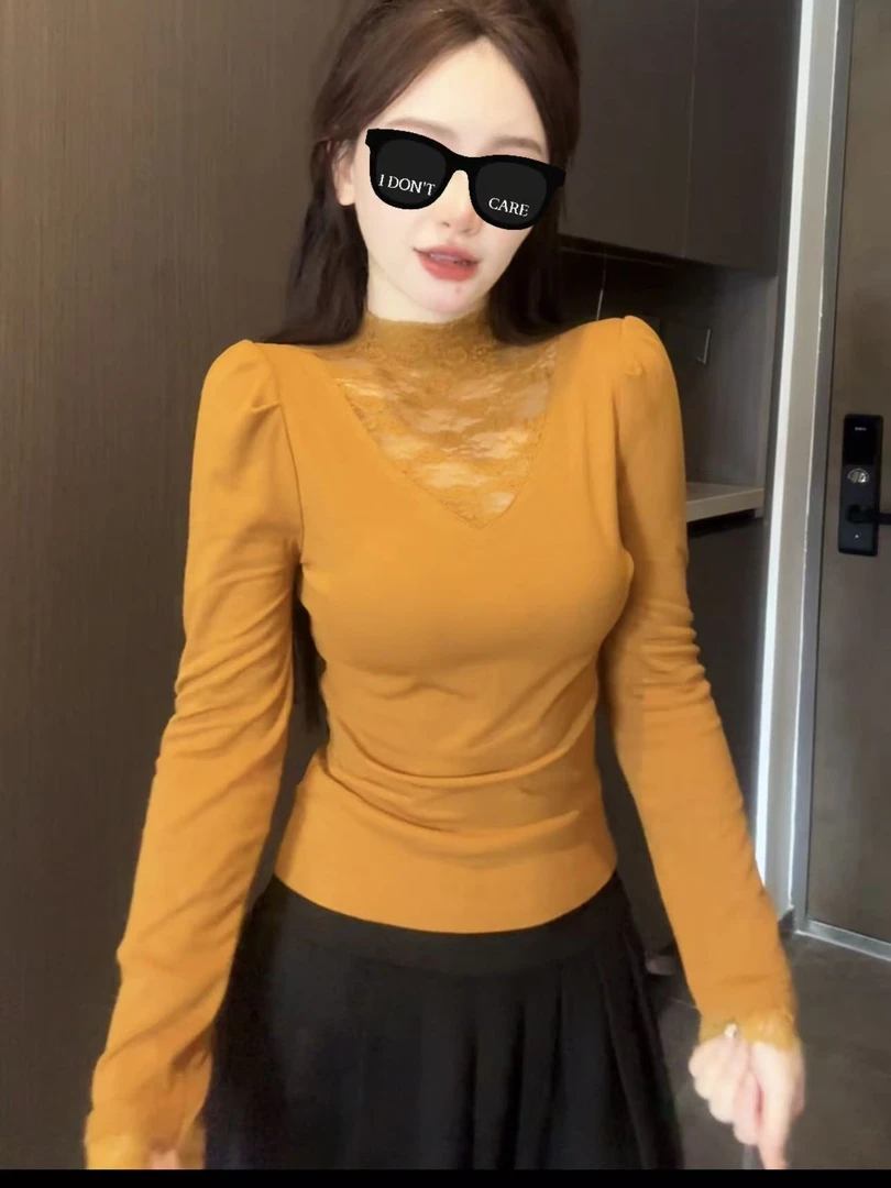 【加绒】时尚半高领拼接蕾丝长袖女秋冬季新款修身显瘦百搭内搭上衣