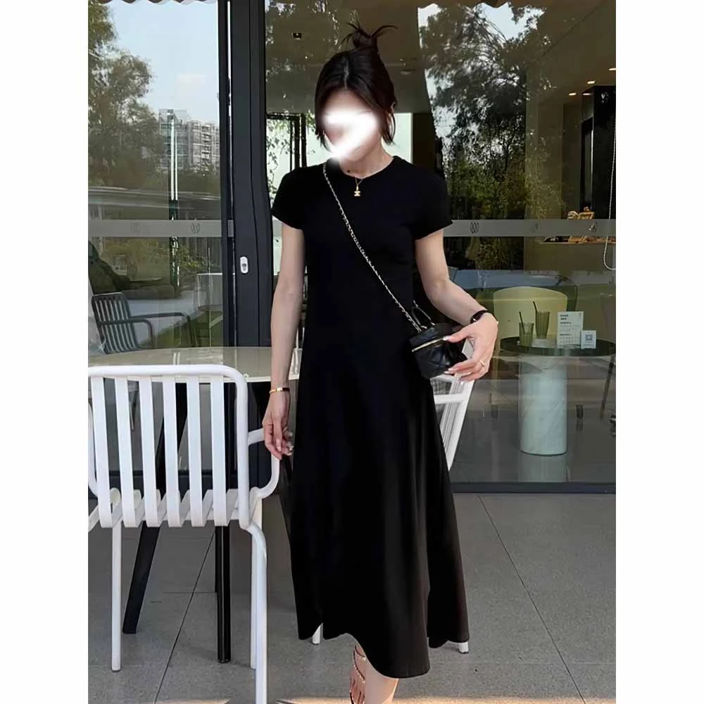 时尚黑色短袖连衣裙女装夏季2025新款法式气质收腰显瘦a字小裙子