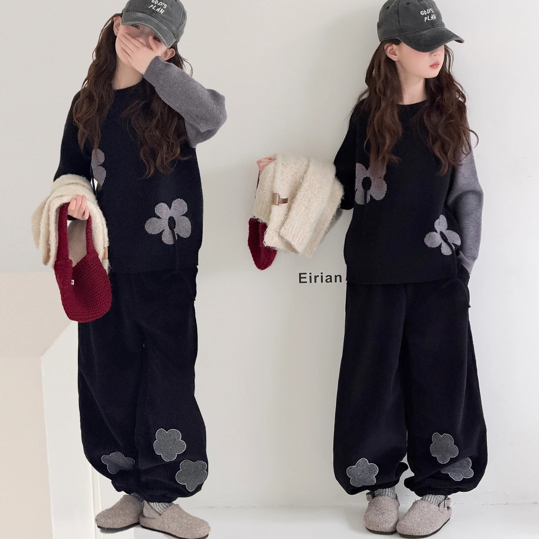 女童套装2025新款秋冬洋气时髦中大童韩版保暖花朵毛衣裤子两件套
