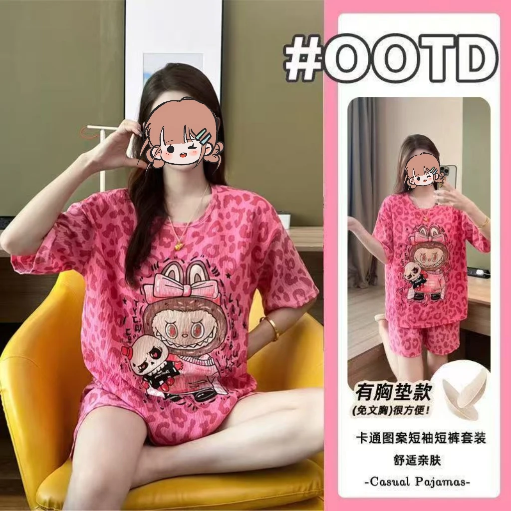 带胸垫卡通短袖短裤可外出睡衣女夏季休闲简约睡衣家居服套装3061