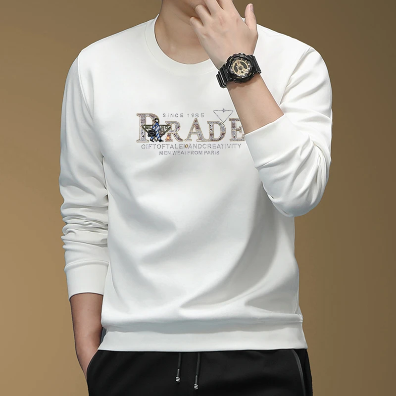 白色卫衣男士秋季新款欧货潮牌烫钻高端欧货长袖T恤圆领套头上衣