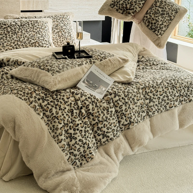 豹纹星光  AB版草绒全消光牛奶绒双面绒四件套加绒被套柔软亲肤